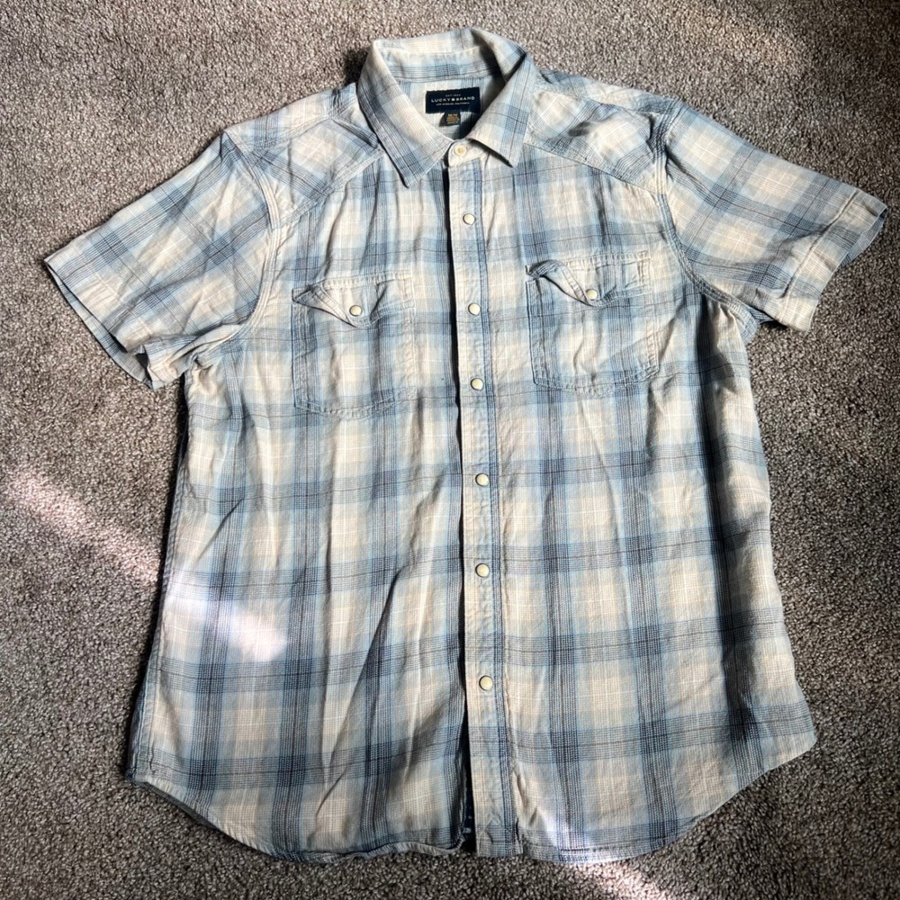 Lucky Brand Plaid Western Shirt Short‎ Sleeve Pearl Snap Gray Tan Mens M/M 0577